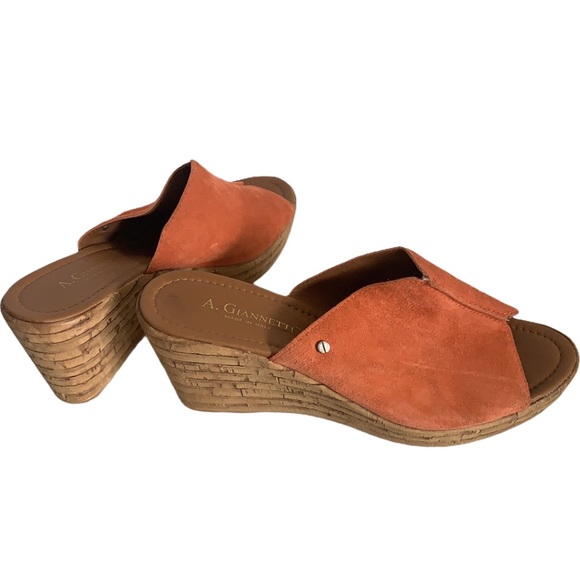 A. Giannetti Orange Suede Wedge Slides Sz 9.5 - Picture 2 of 8